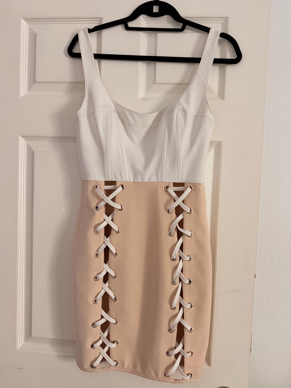 House of CB White and Beige Lace-Up Mini Dress